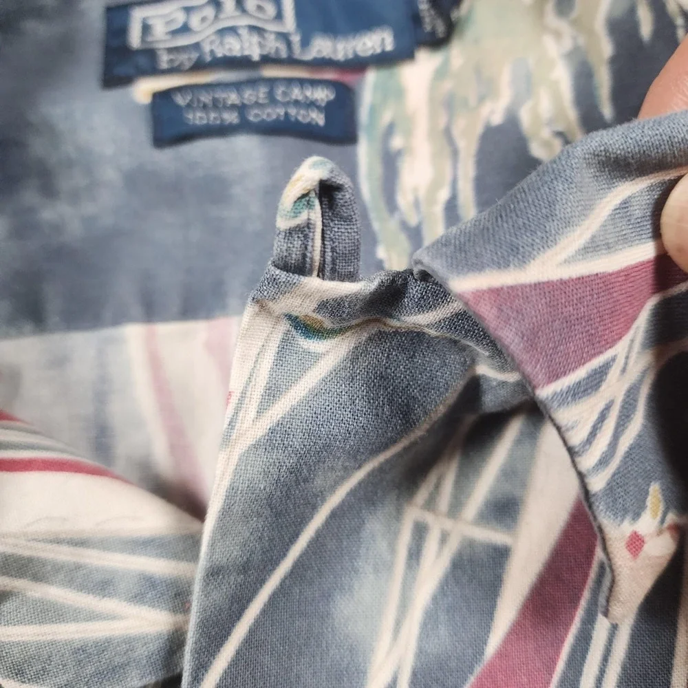 Ralph Lauren Vintage Camp Shirt Mens Medium Blue Loop Sailing Boats Hawaiian AOP